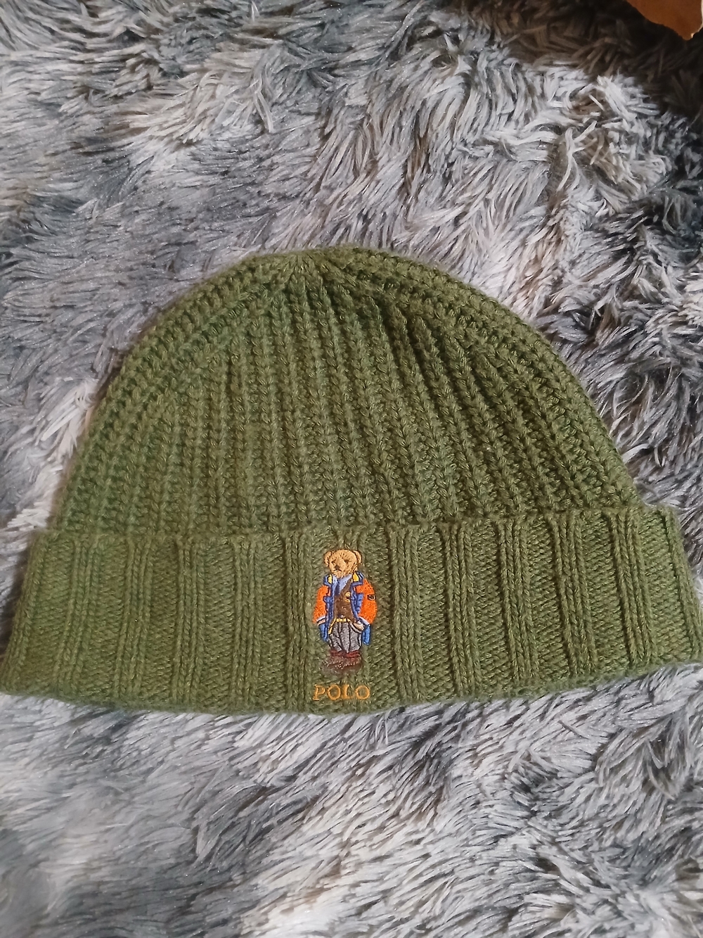 Rare Polo by Ralph Lauren  Olive Knit Beanie with Bear Embroidery